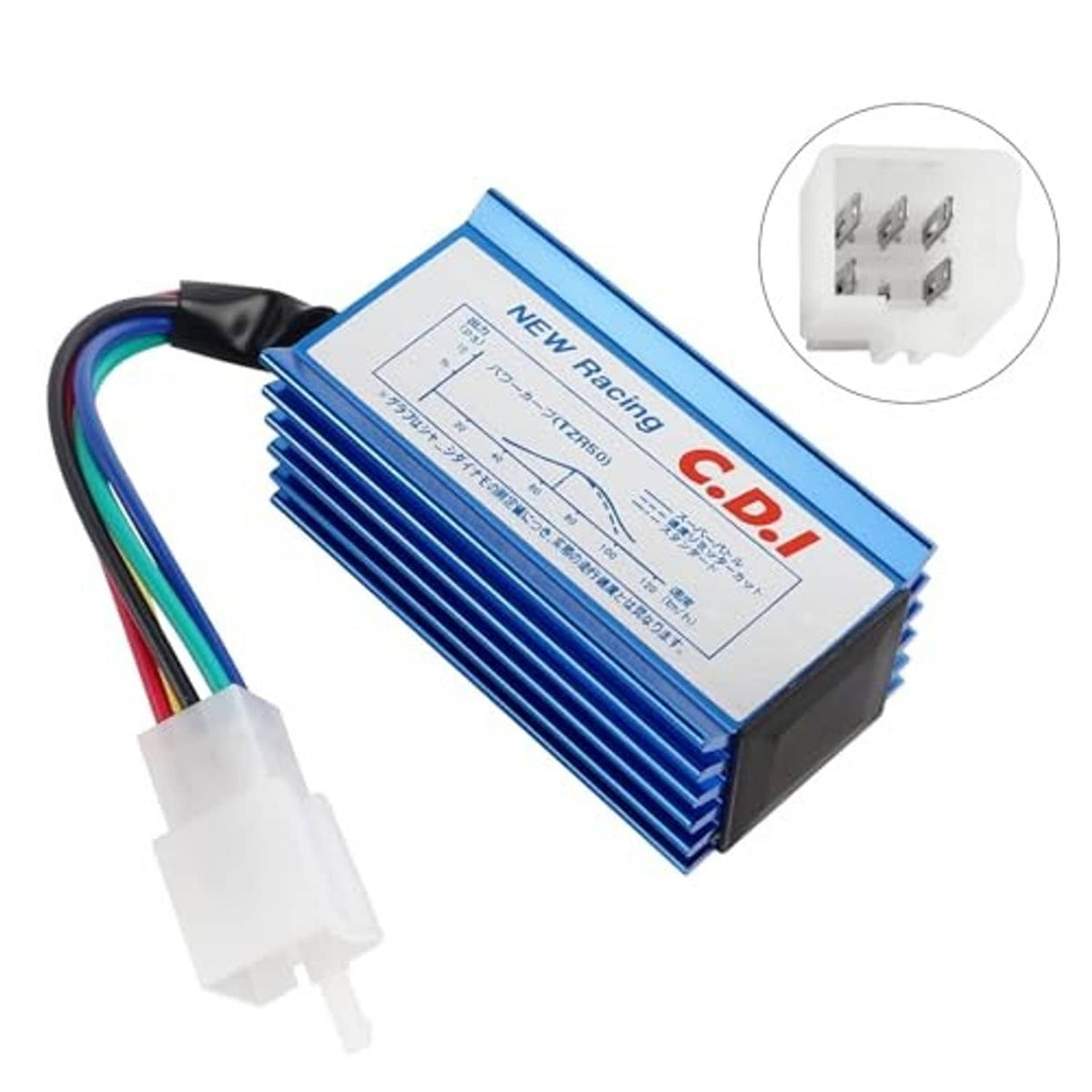 Blue CDI ignition module with wire harness; inset shows white connector pins