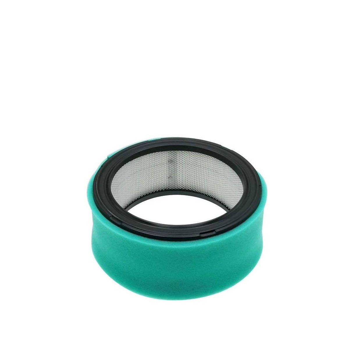 Teal foam and gray mesh round air filter with black outer gasket