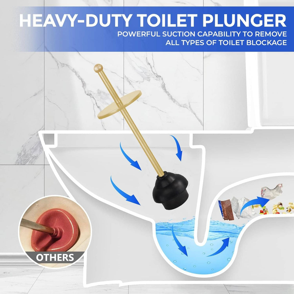 Gold toilet plunger with black rubber cup and cross handle, positioned above toilet