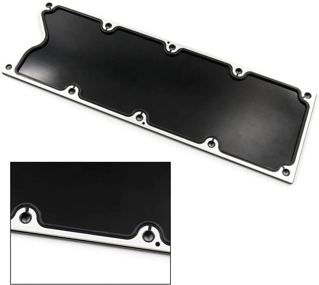 Black knock sensor delete cover with gasket edge and circular corner mounting holes