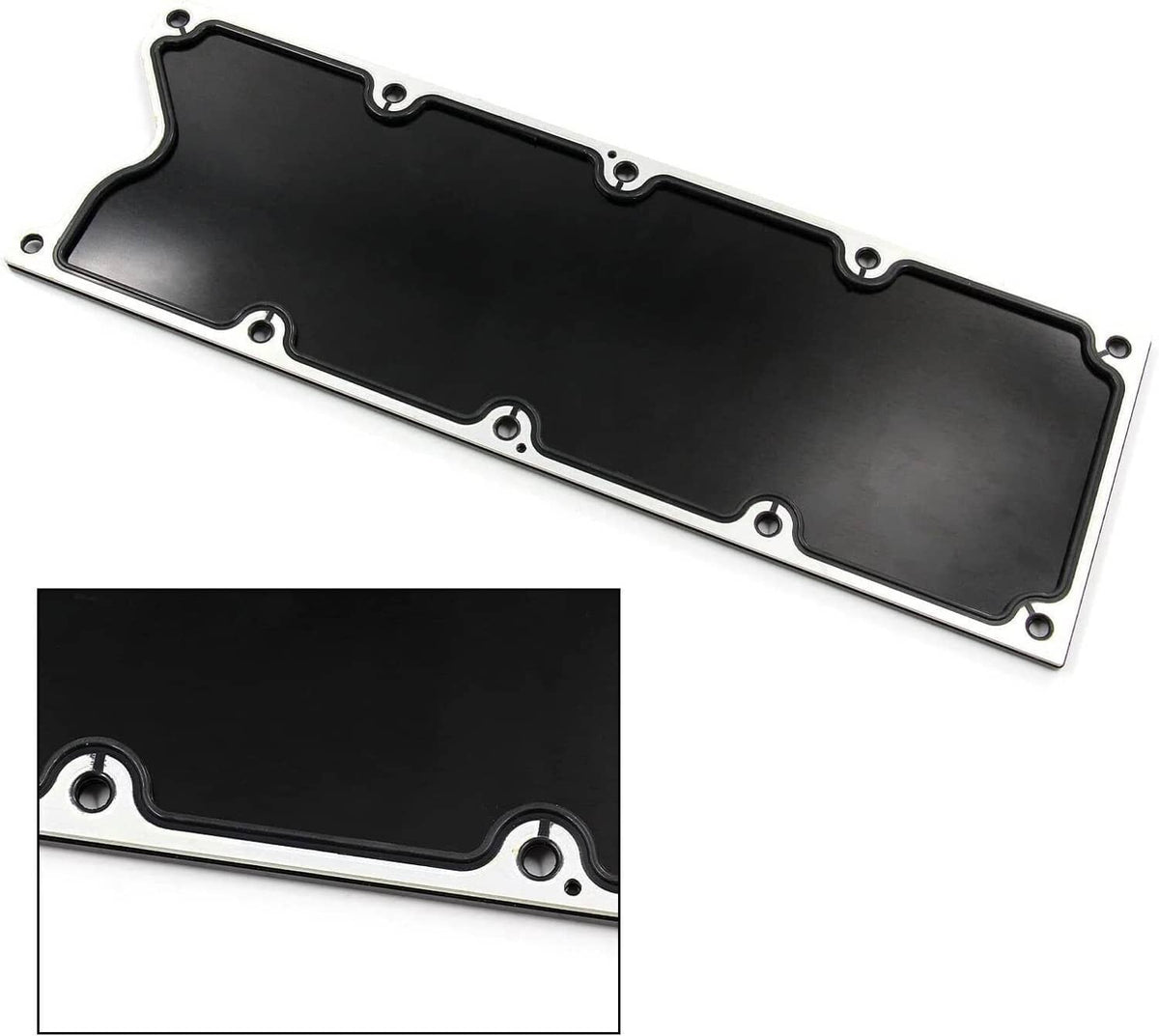 Black knock sensor delete cover with gasket edge and circular corner mounting holes