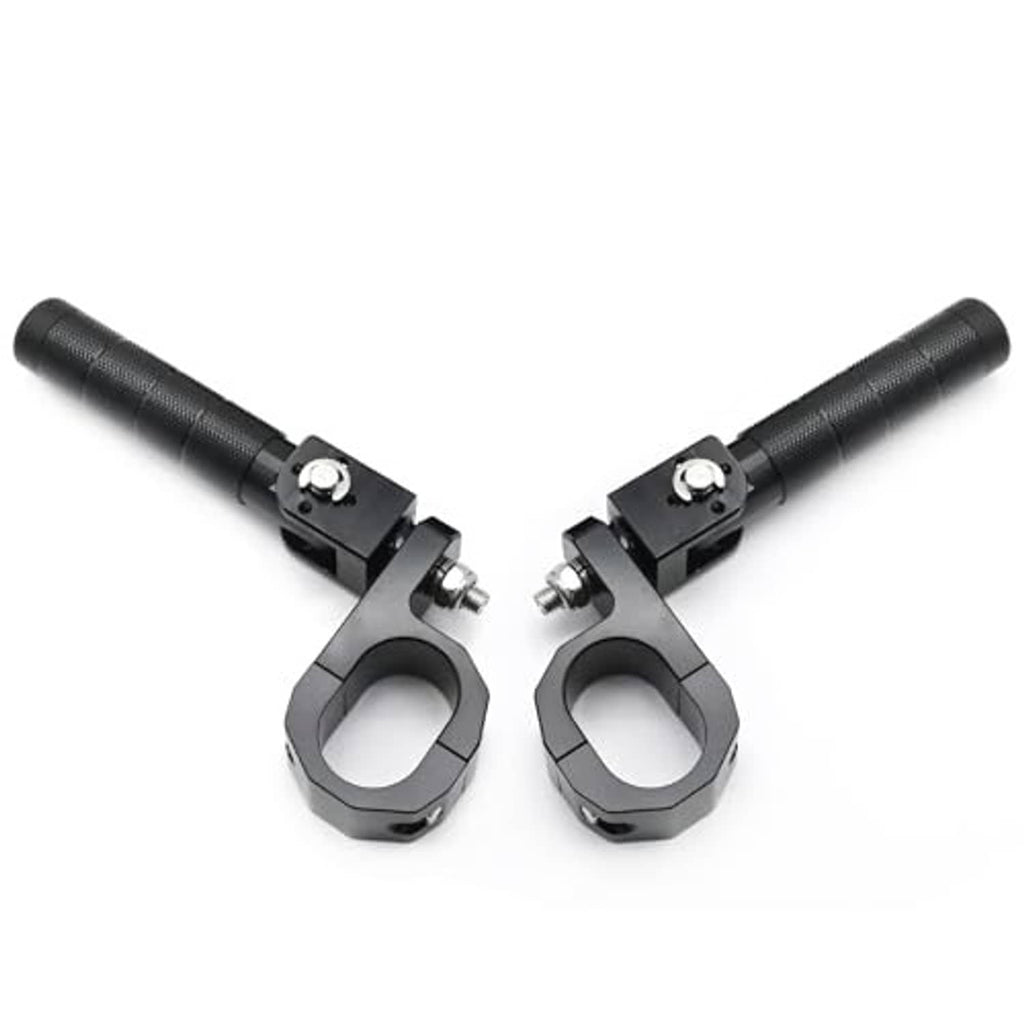 Two black motorcycle rear foot pegs with textured grips and bolt-on bracket mounts