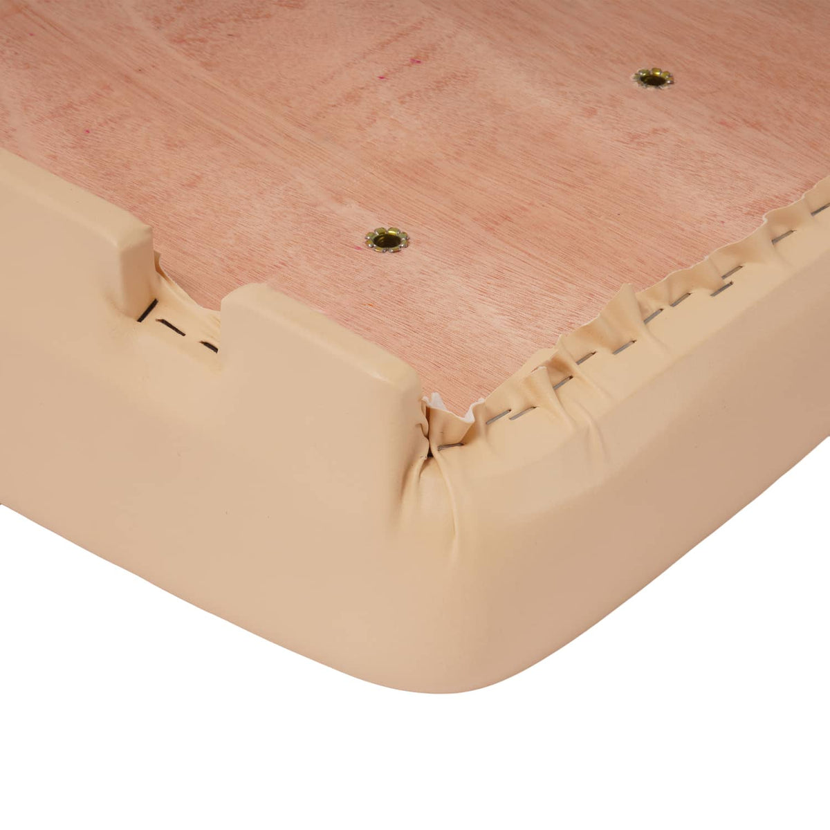 Tan seat bottom assembly with stitched fabric underside and mounting holes