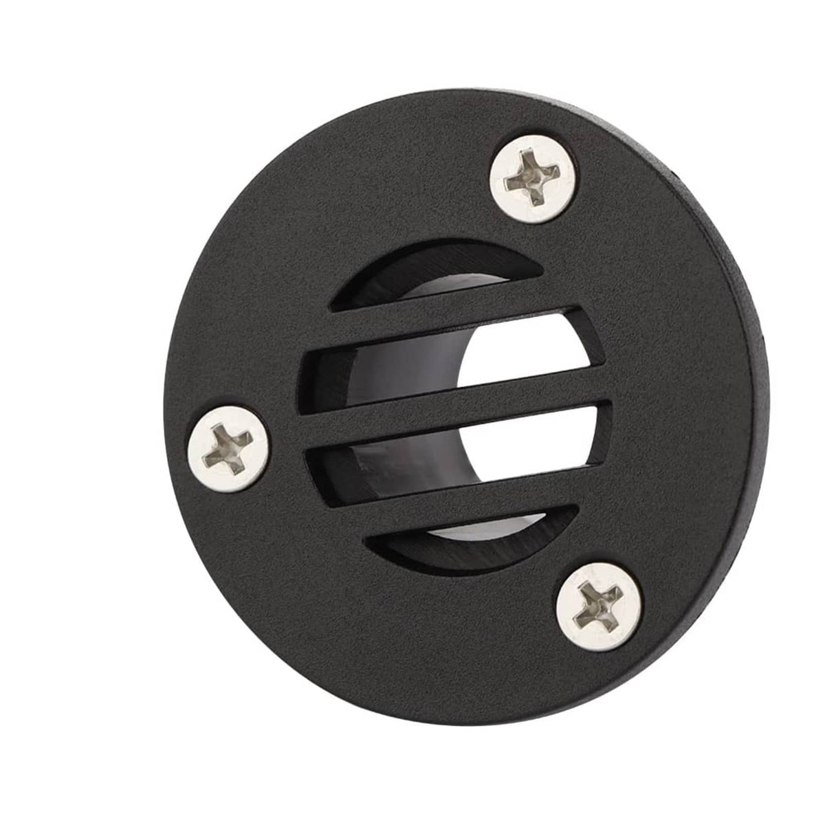Black nylon deck drain grate cover with three mounting screws and slotted openings
