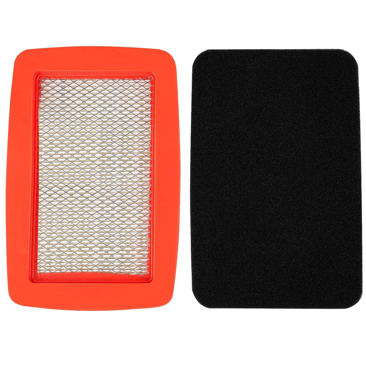 Air filter set with red-framed pleated paper filter and black foam prefilter