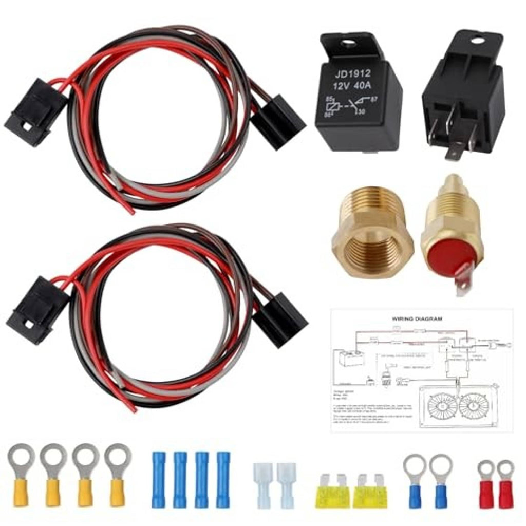 Dual 12V radiator fan relay kit set with two relays, wiring harnesses, and adapter probes