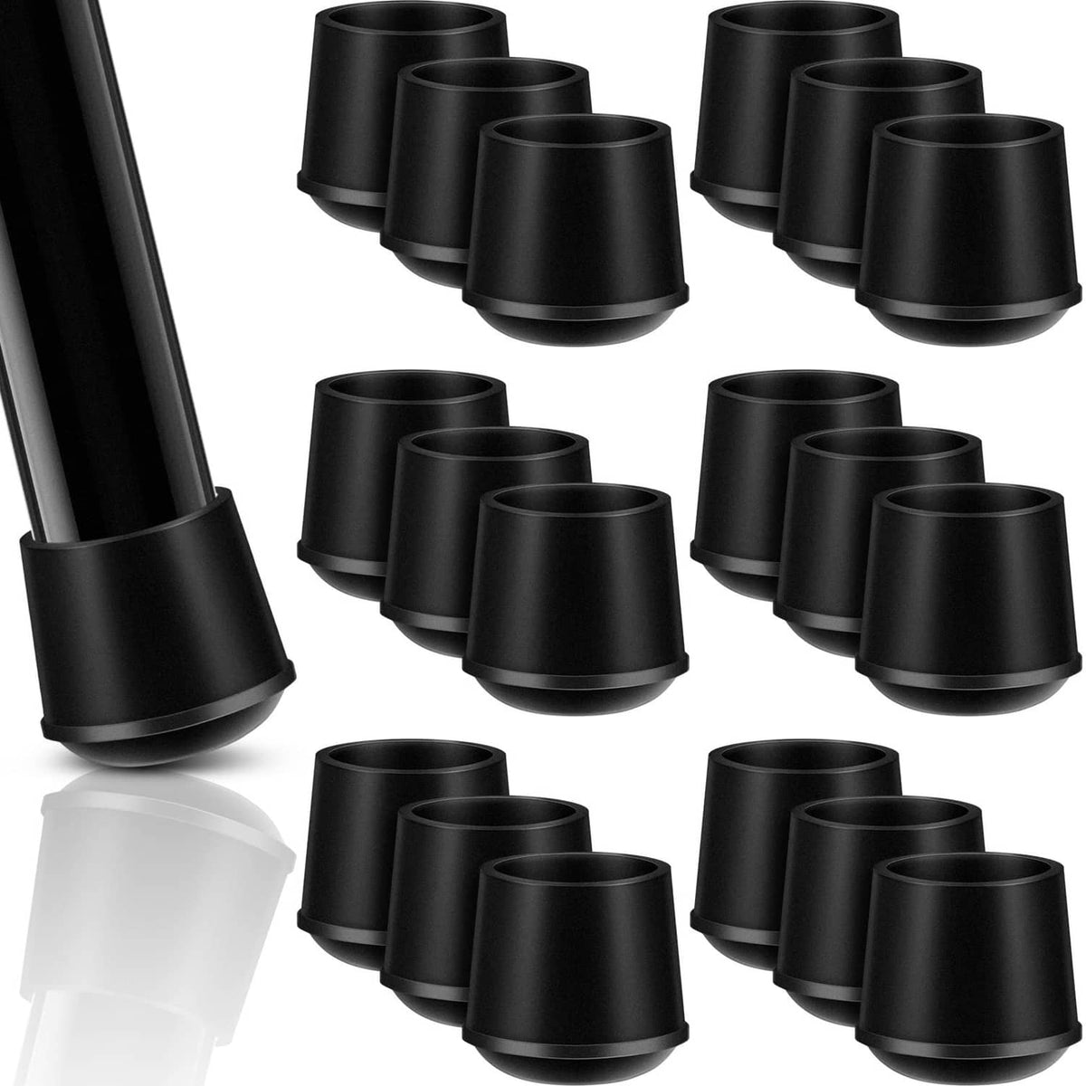 Black rubber folding chair leg caps, set of 12 with tapered fit on chair legs
