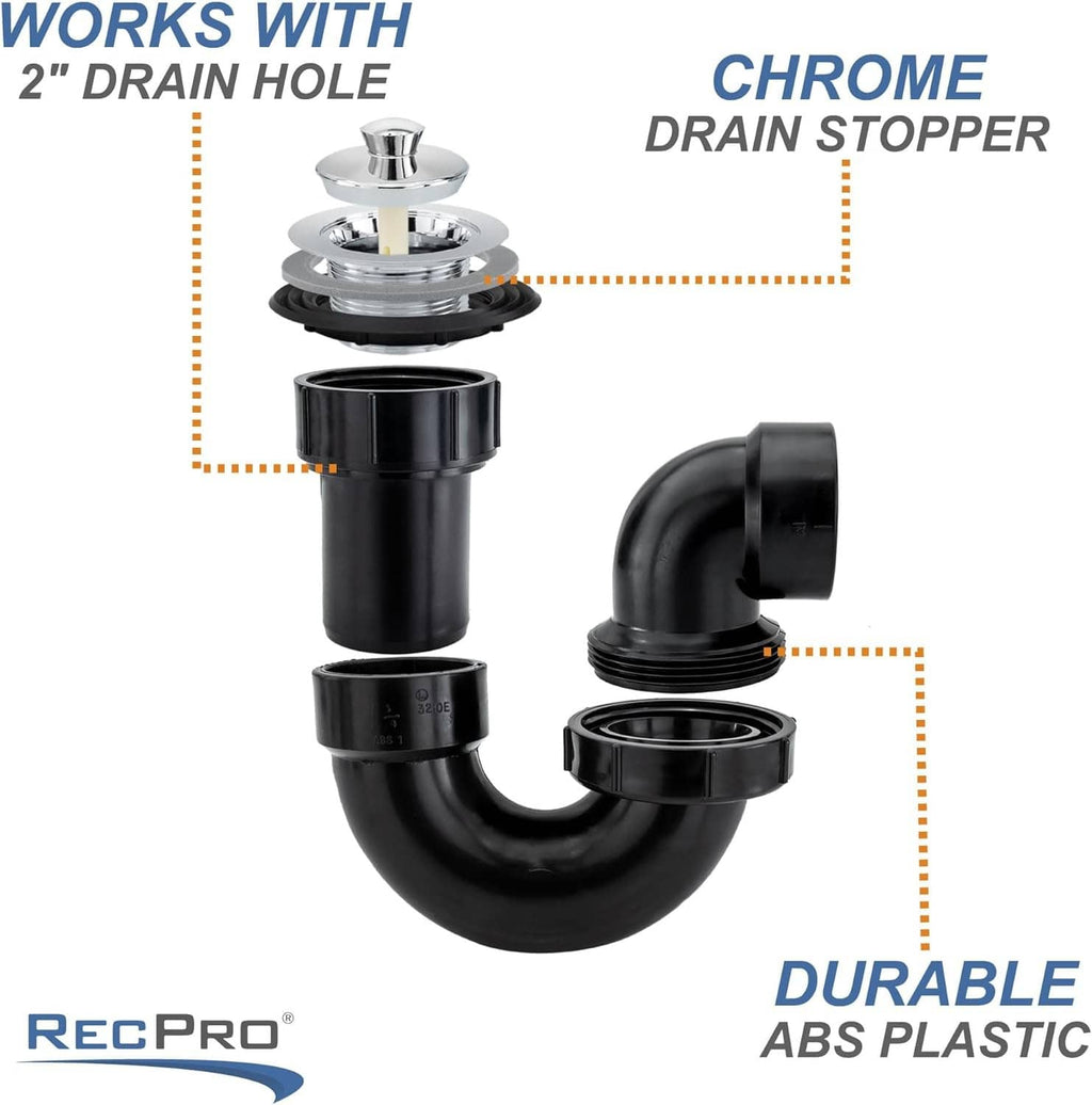 Black ABS P-trap and drain stopper plumbing kit with chrome stopper