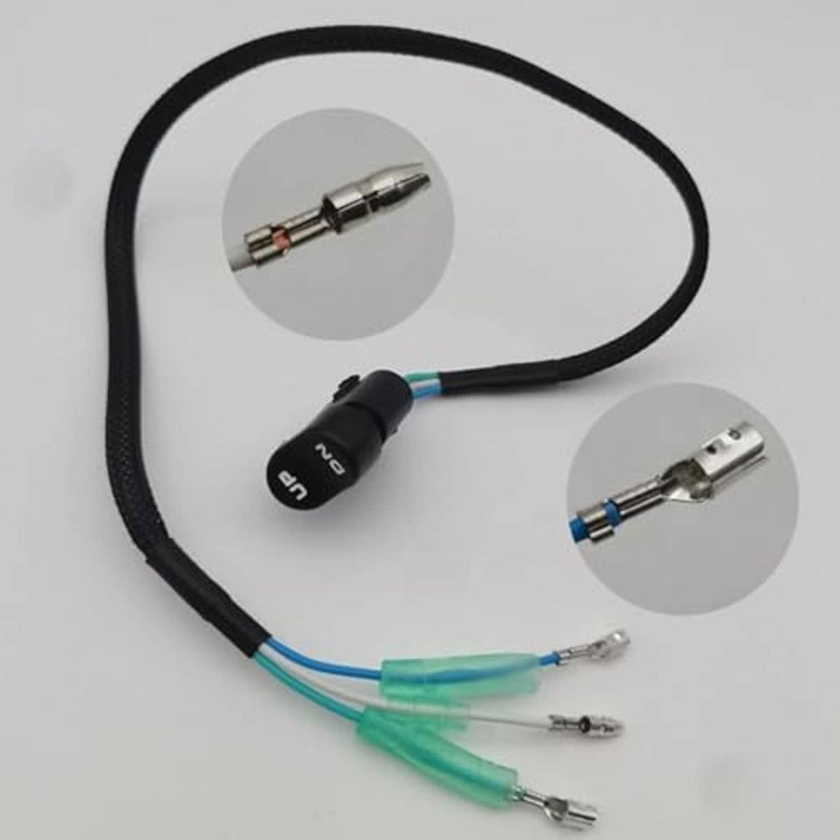 Power trim tilt switch with wiring harness and three metal terminal ends