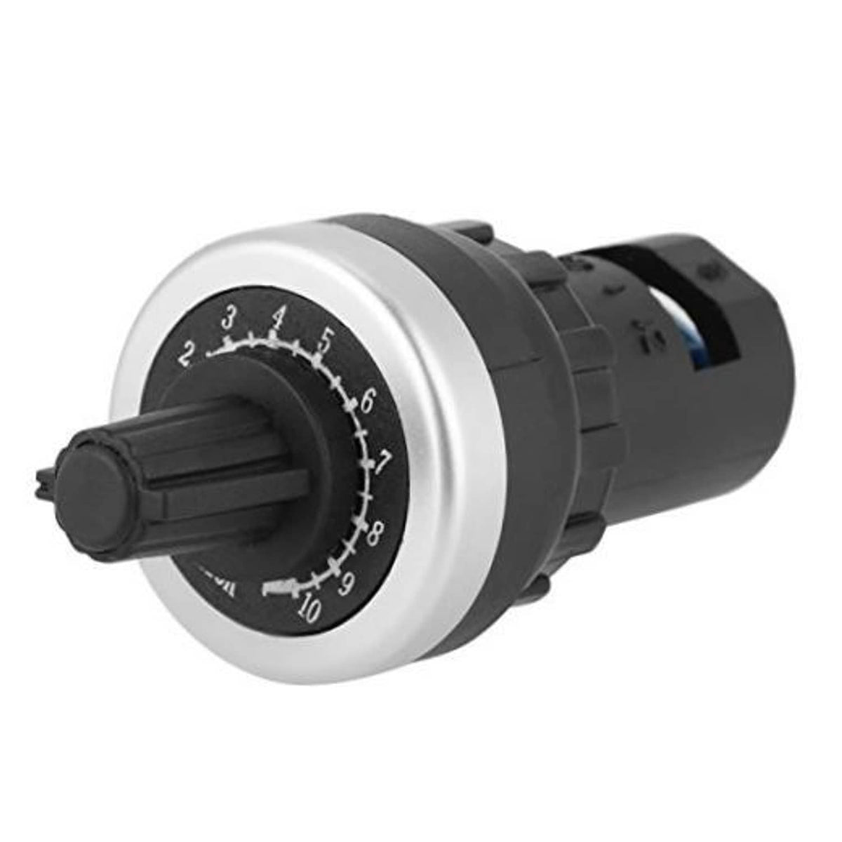 Panel-mount 10K potentiometer with silver bezel and black dial marked 1 to 10