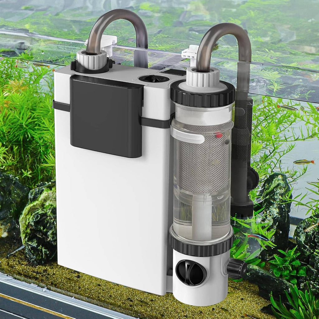 Hang-on-back canister aquarium filter with two arched outlets and transparent filter chamber