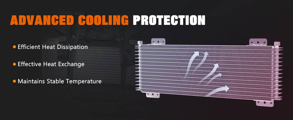 Transmission oil cooler with ribbed fins, end plates, and airflow arrows graphic