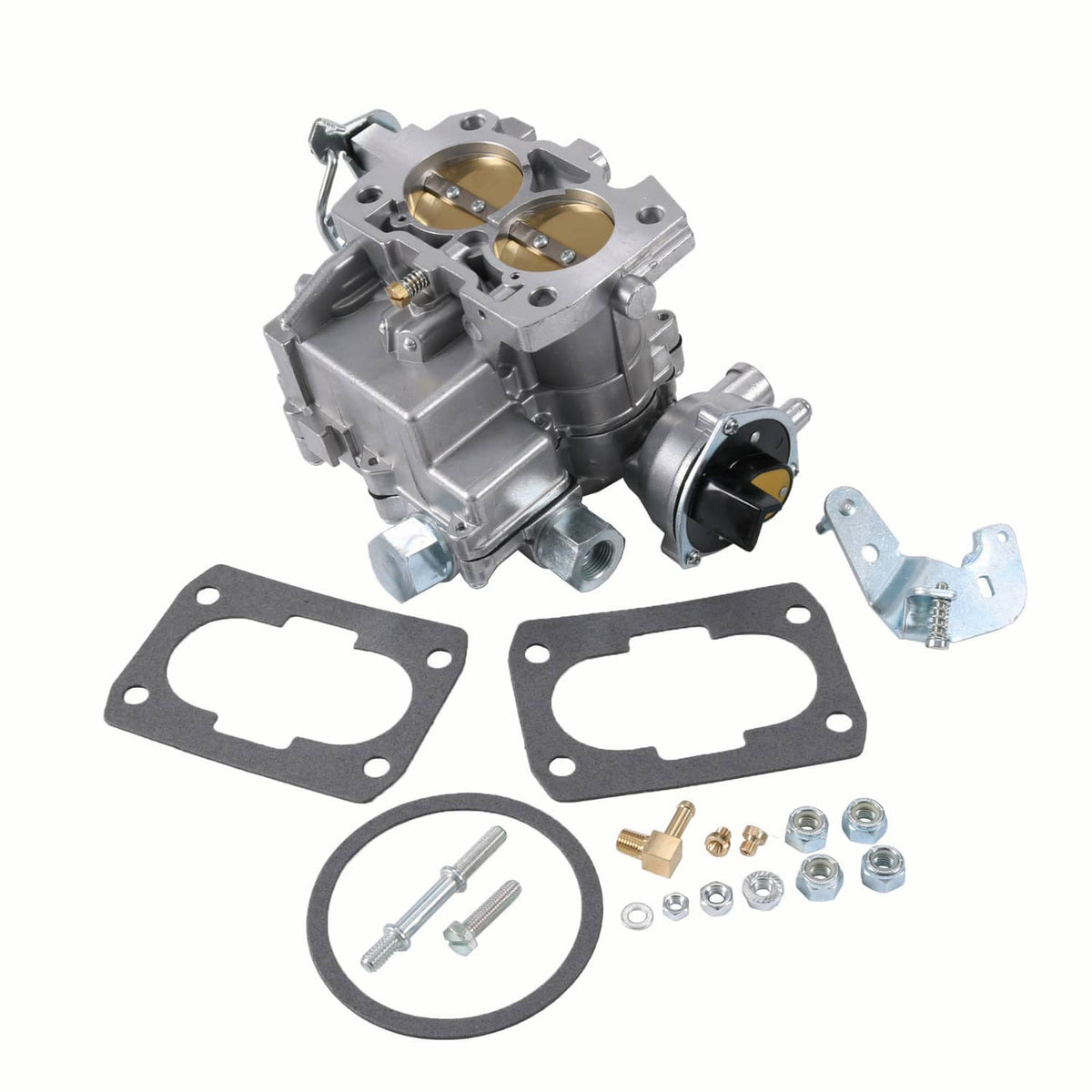 Marine carburetor with gasket set, screws, and bolts—includes round gasket and linkage bracket.