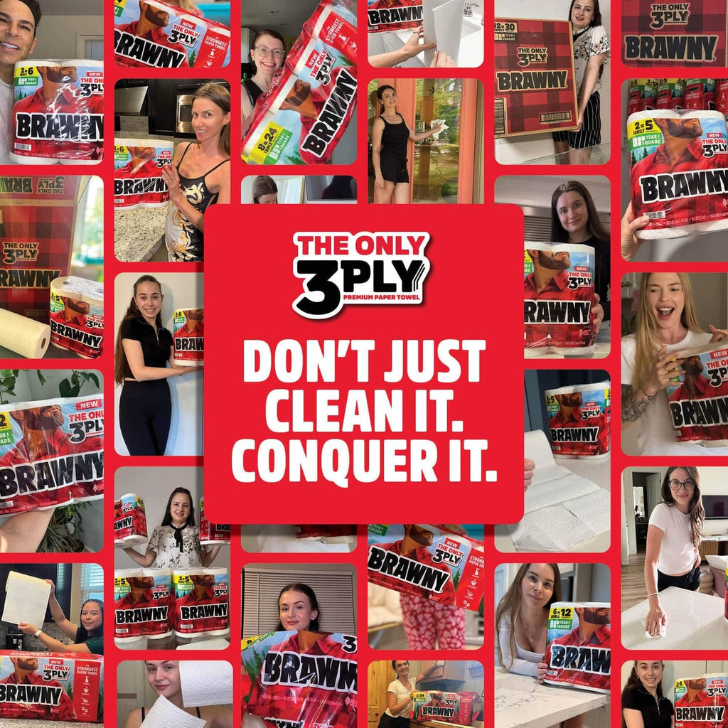 Brawny 3-ply paper towel promotional collage with multiple product shots