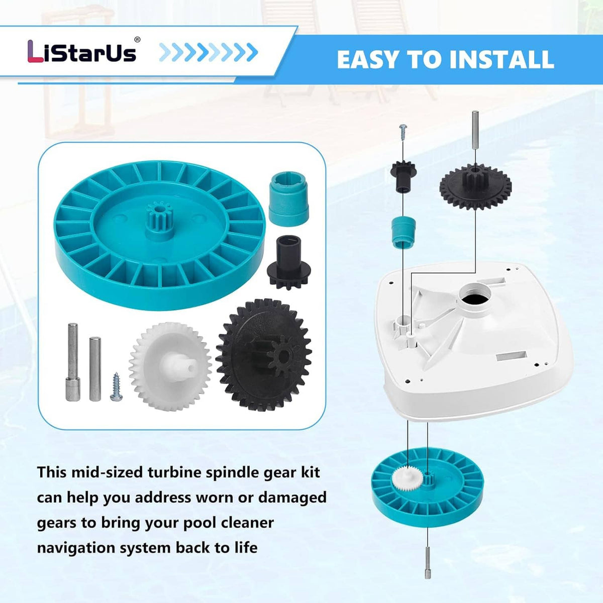 Turquoise turbine spindle gear kit with gears, spindle parts, and installation shown