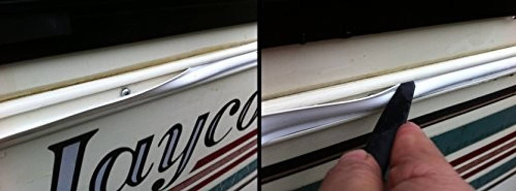 White vinyl screw cover trim installed along RV edge with manual push-in