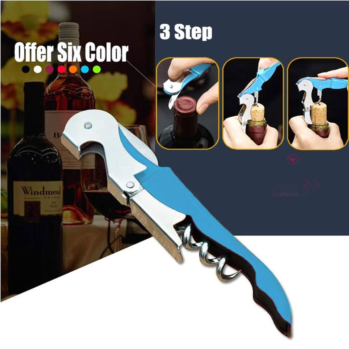 Blue waiter corkscrew wine opener with lever and spiral cork drill shown in use