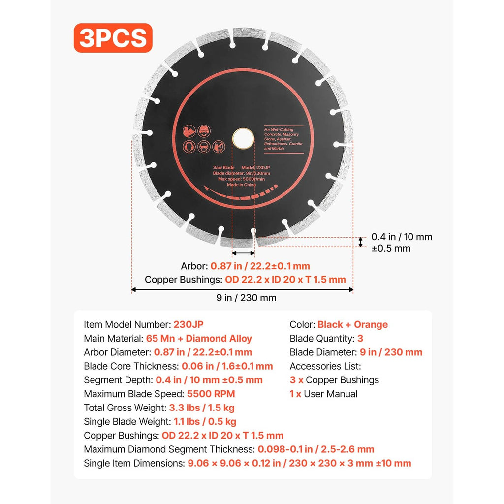 9 in diamond blade specs diagram with 7/8 in arbor and 3-pack listing