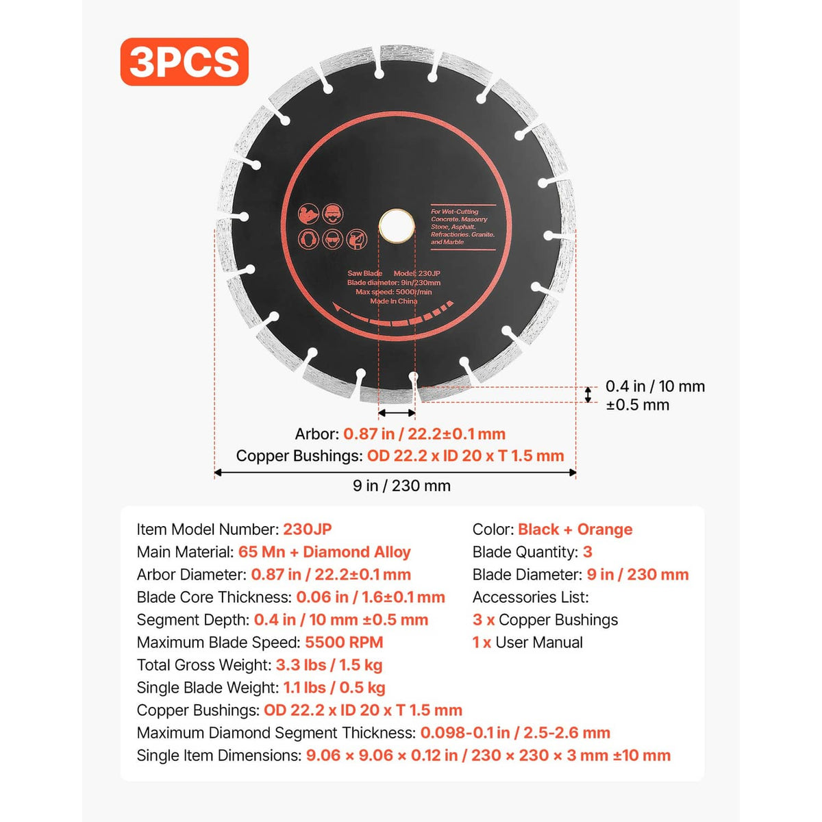 9 in diamond blade specs diagram with 7/8 in arbor and 3-pack listing