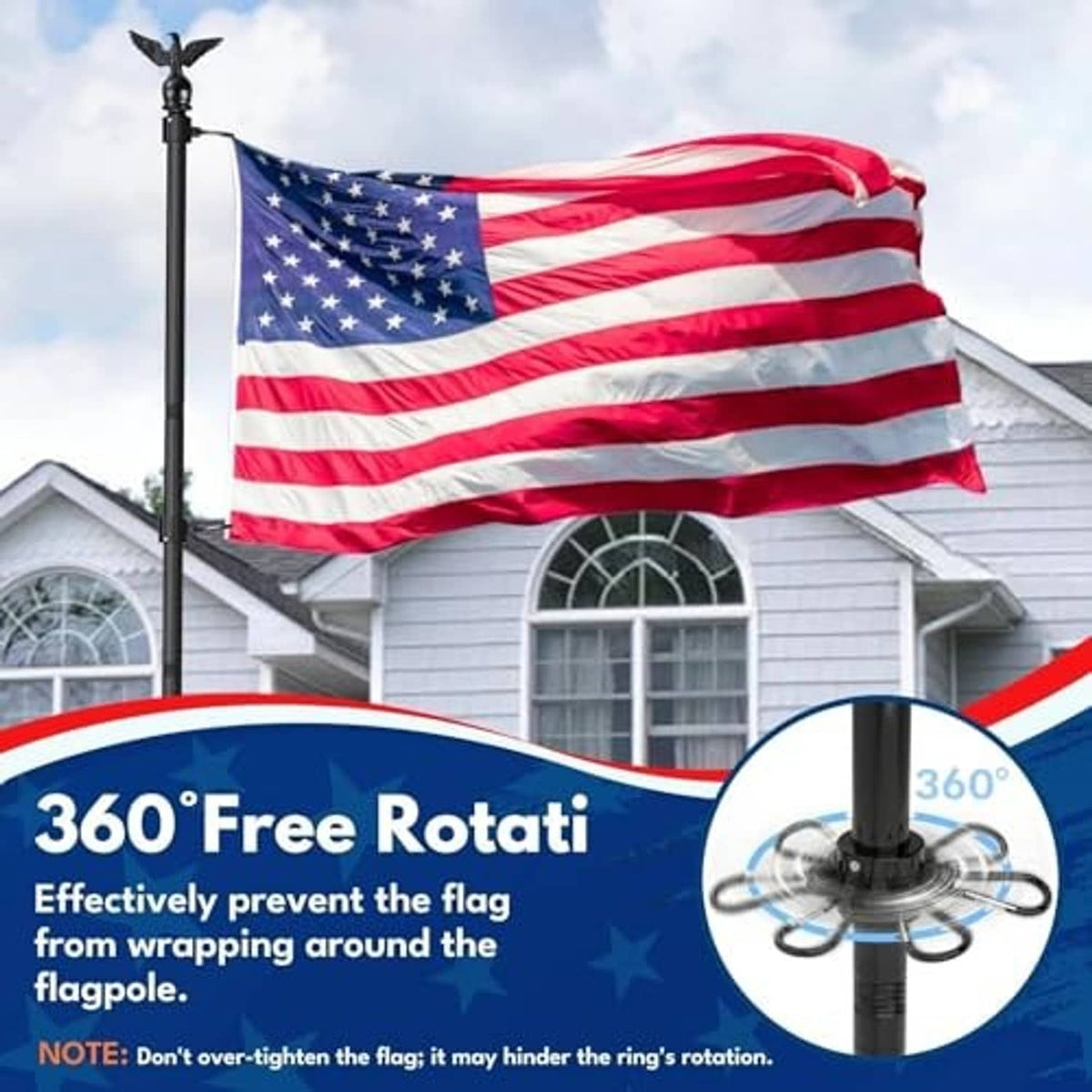 Black flagpole with 360-degree rotating base ring and U.S. flag