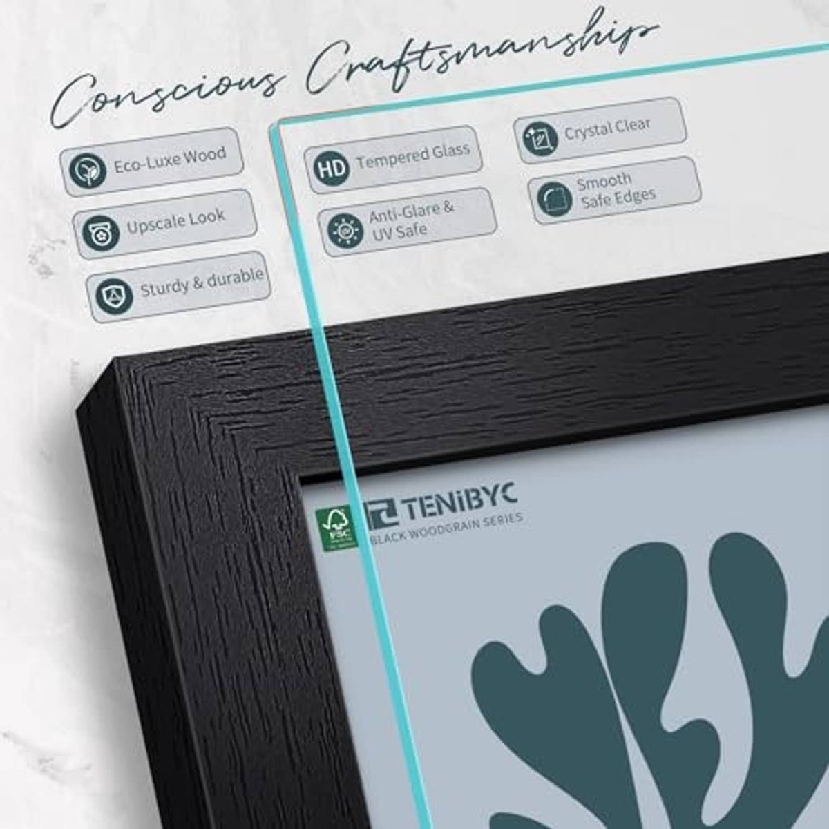 Close-up of black woodgrain frame with textured surface finish