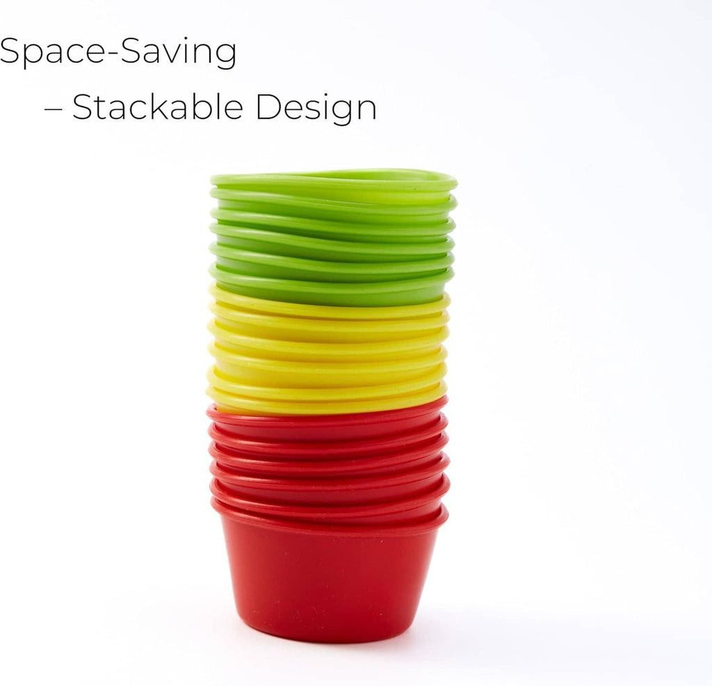 Stackable silicone puto mold cups in green, yellow, and red
