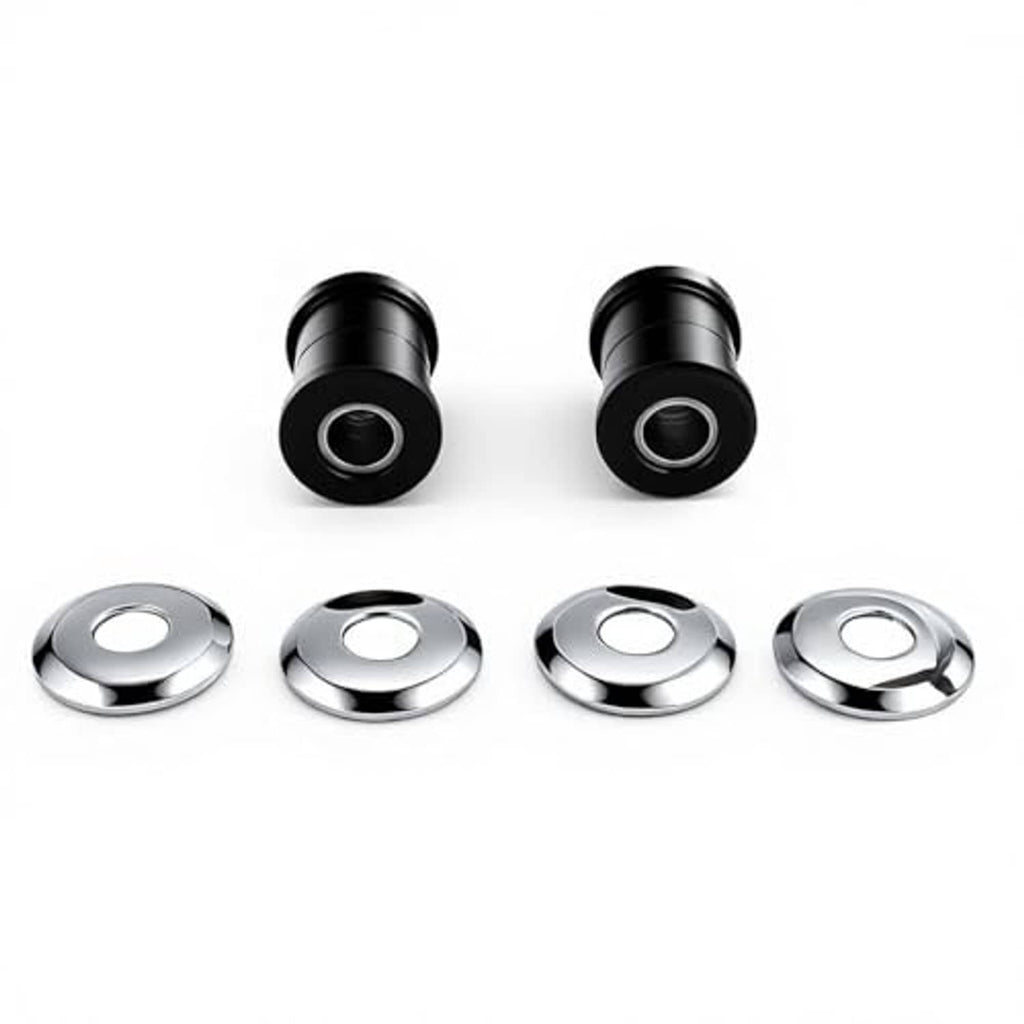Motorcycle handlebar riser bushings kit: black damper units and chrome washer caps.