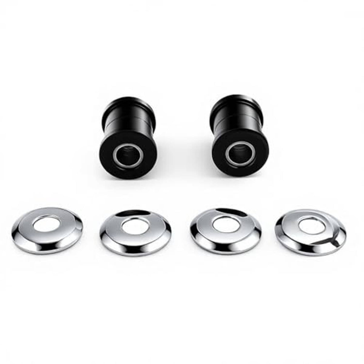 Motorcycle handlebar riser bushings kit: black damper units and chrome washer caps.