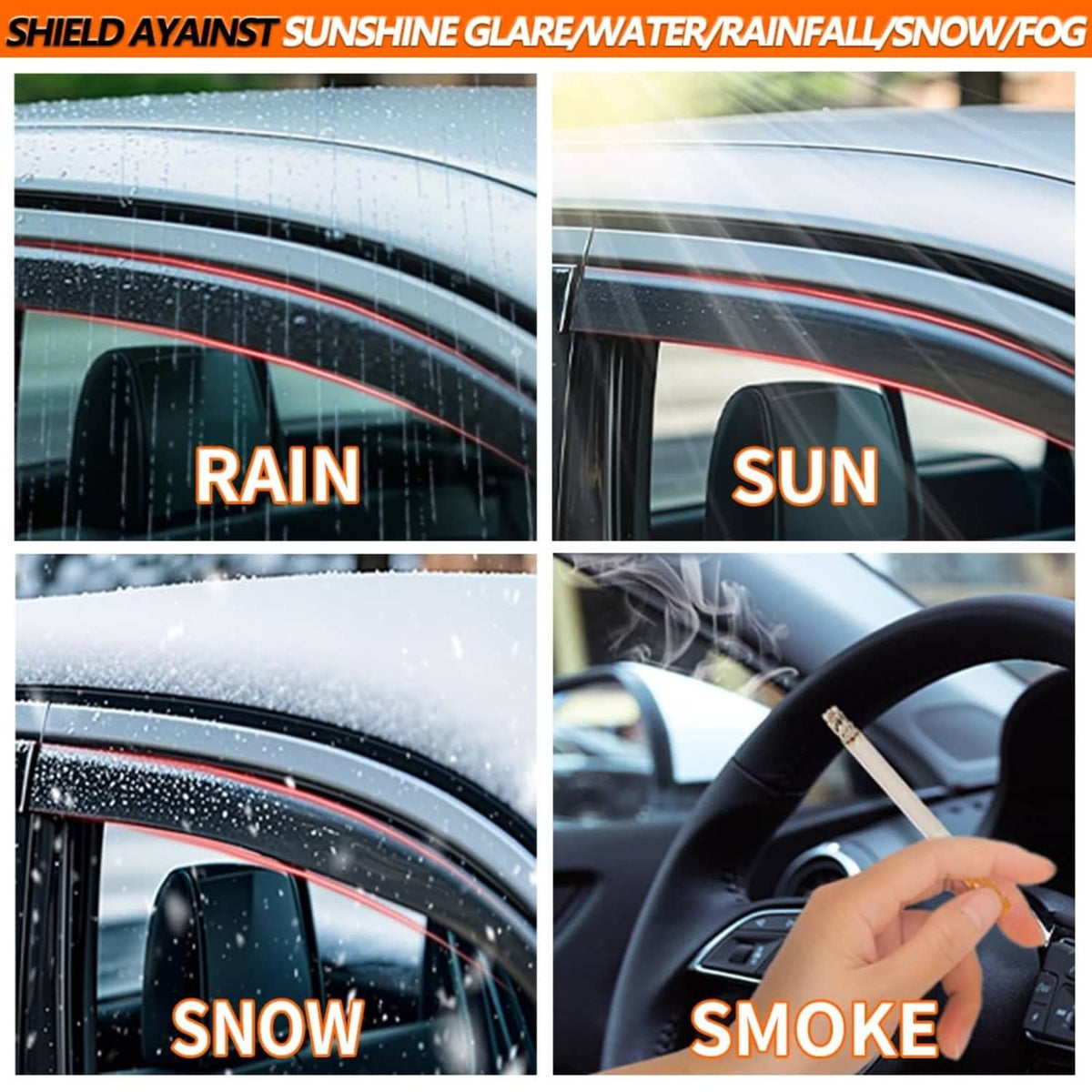 Dark smoke window rain guards reducing rain, sun glare, snow, and smoke on glass