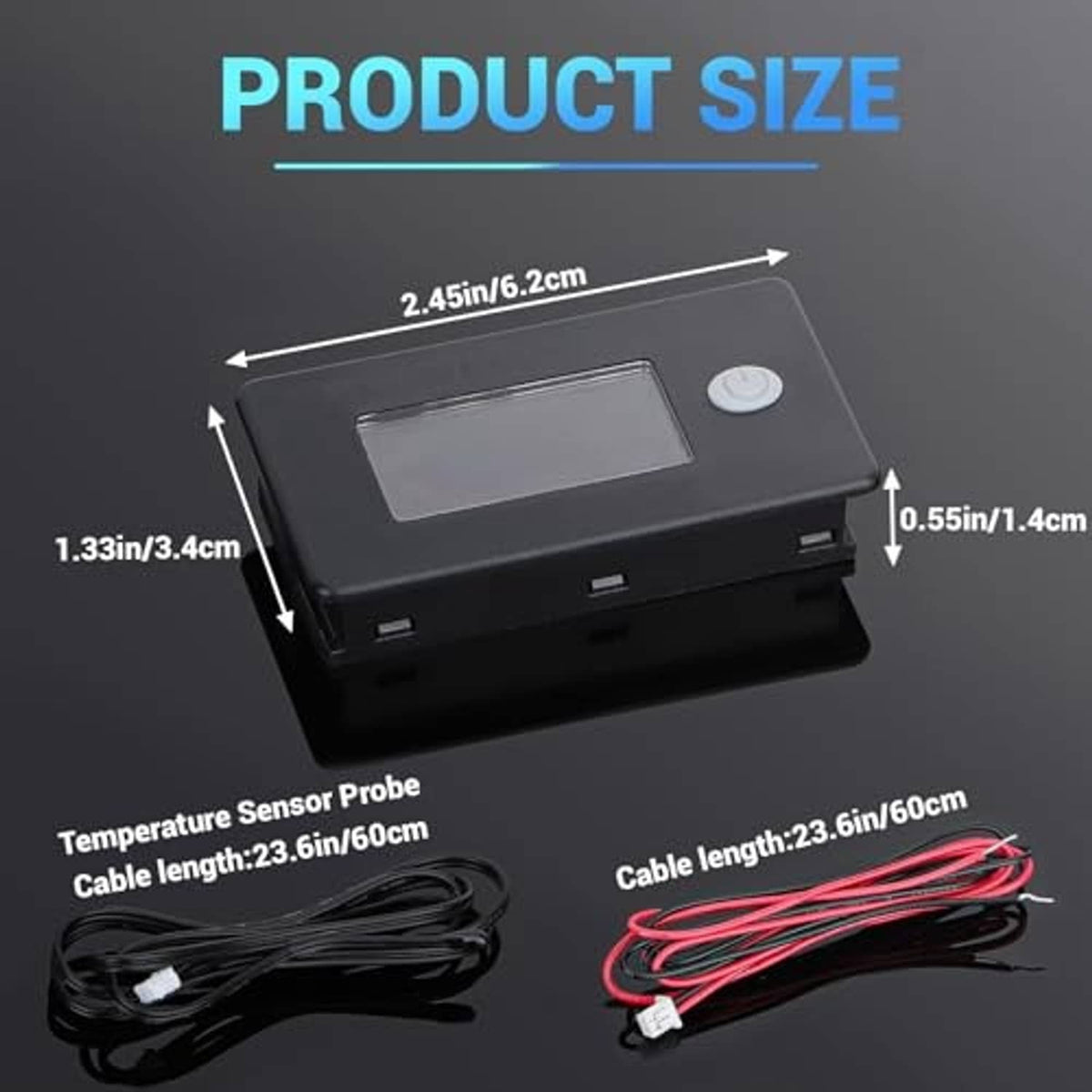 48V battery voltage meter size chart with sensor probe and cable length