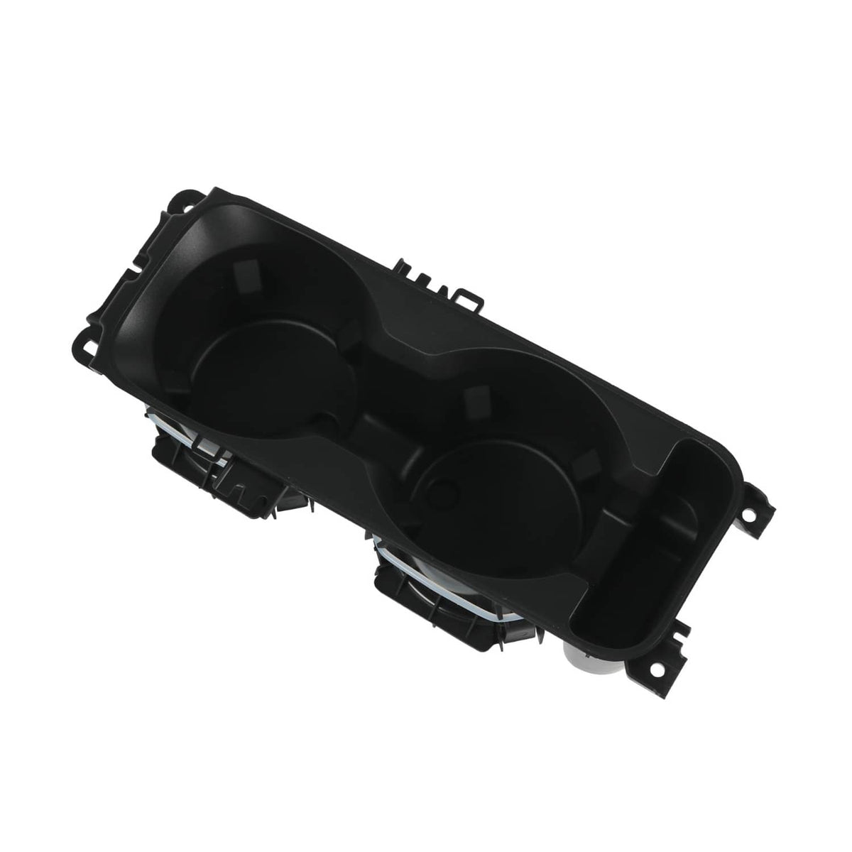 Black dual cup holder insert angled view with two cup wells and open side slot