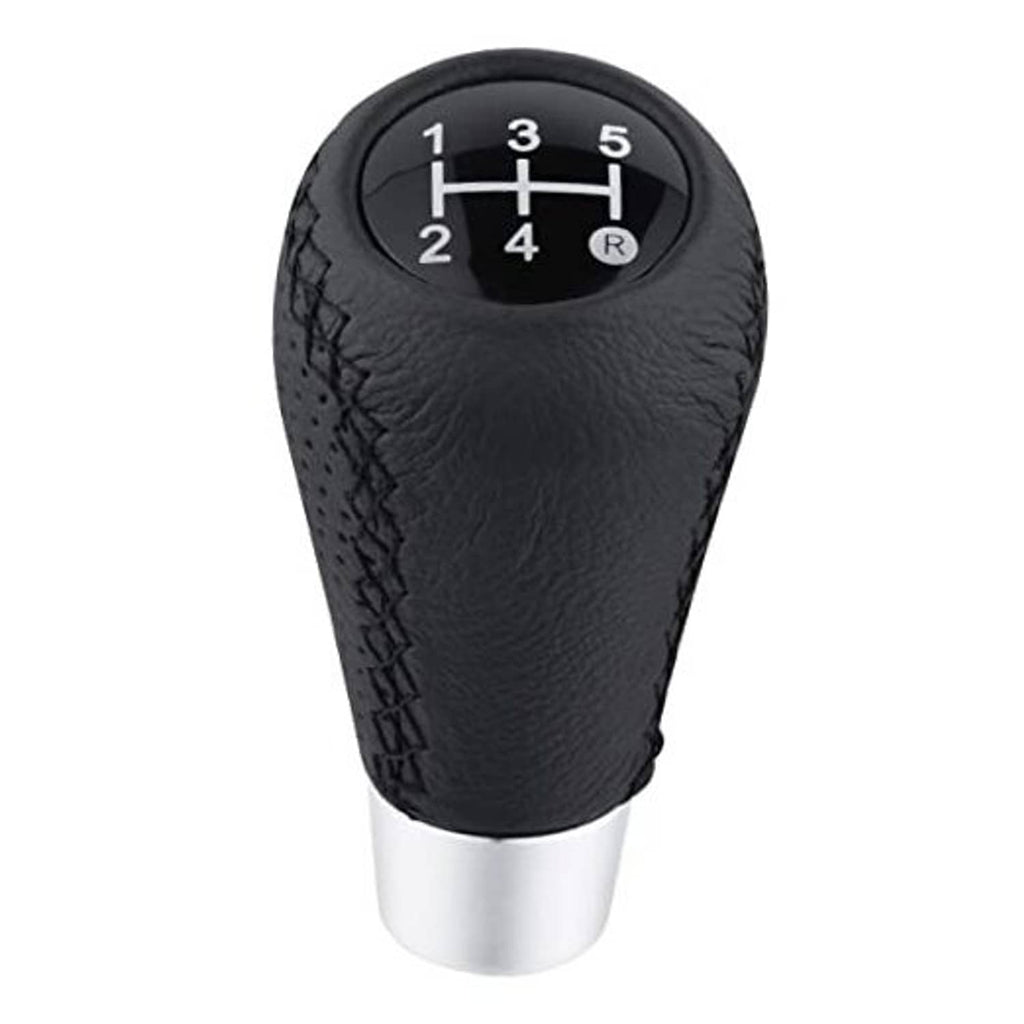 Black leather 5-speed shift knob with silver base and 1–5/R shift pattern