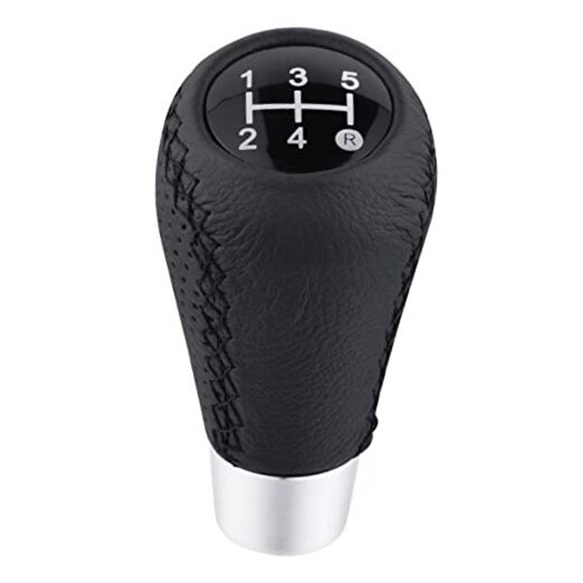 Black leather 5-speed shift knob with silver base and 1–5/R shift pattern