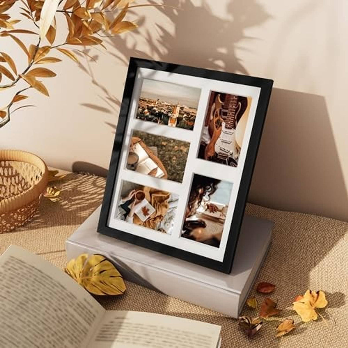 Black standing collage picture frame with multiple small photo prints