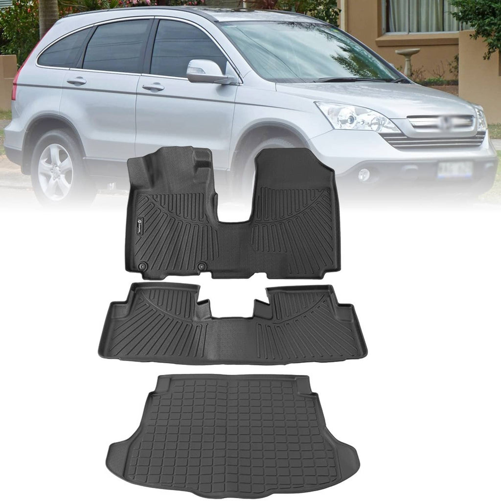 Black TPE all-weather floor mats set with molded cargo liner, raised tread patterns