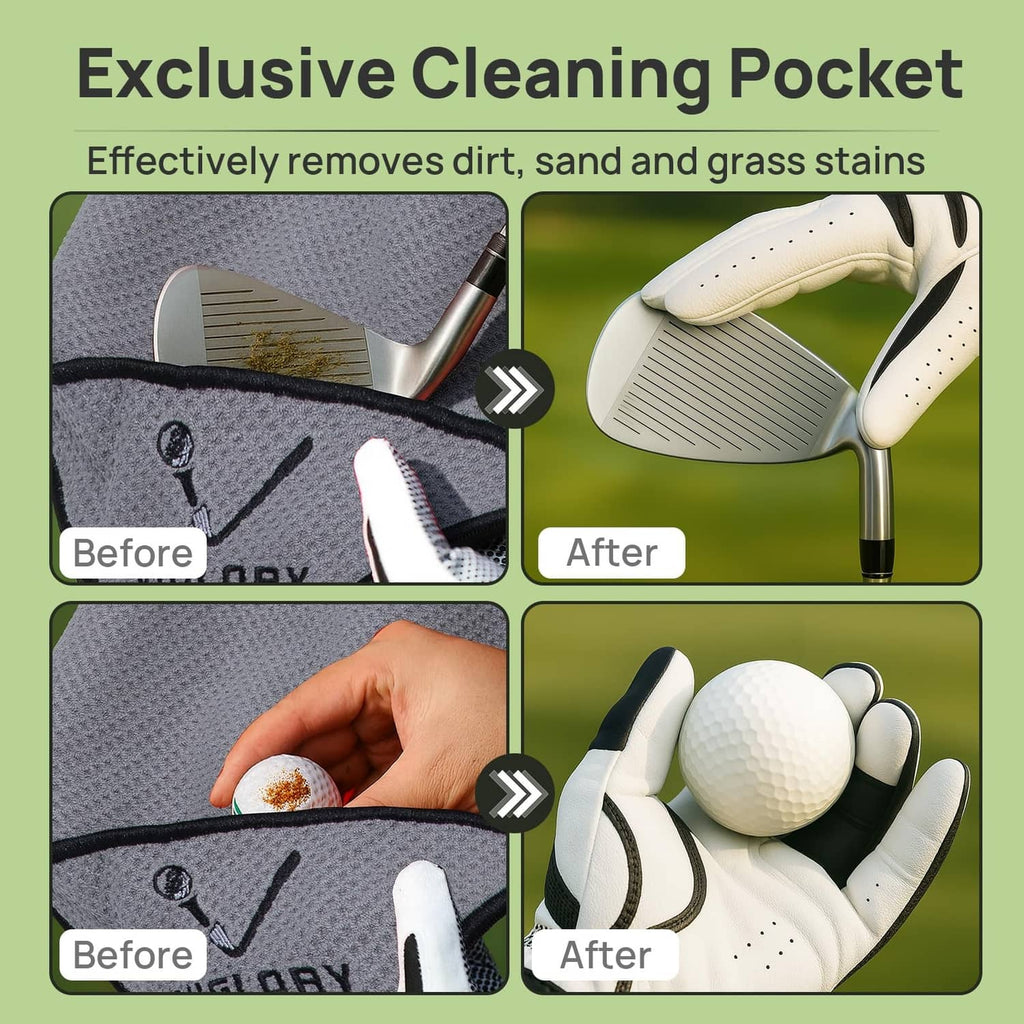 Grey golf towel with visible cleaning pocket seam and waffle weave