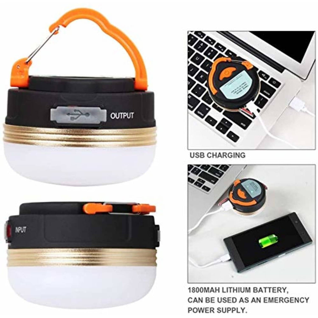 Orange-handled LED camping lantern with USB charging and INPUT/OUTPUT ports