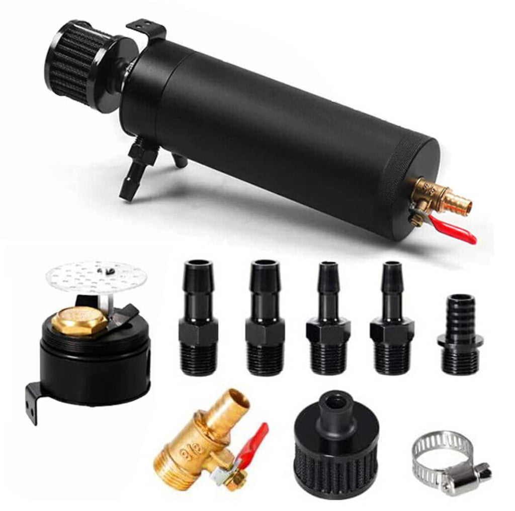 Black oil catch can kit with air filter and threaded brass outlet valve