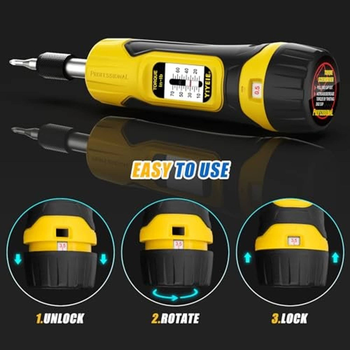Pair of yellow/black torque screwdrivers with adjustment dial and torque scale markings