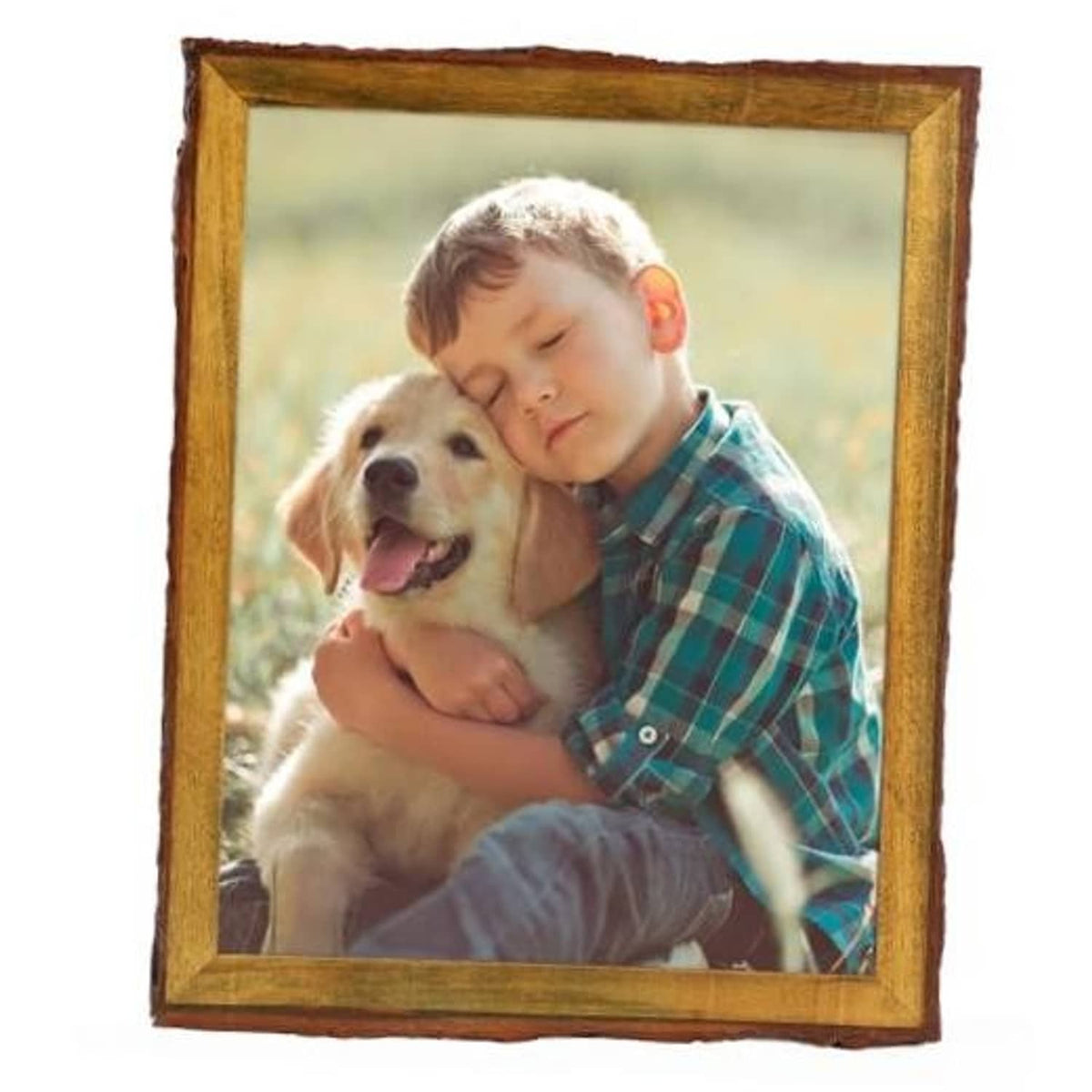 Rustic brown solid wood picture frame with bark-edge trim and clear glass, 11x14