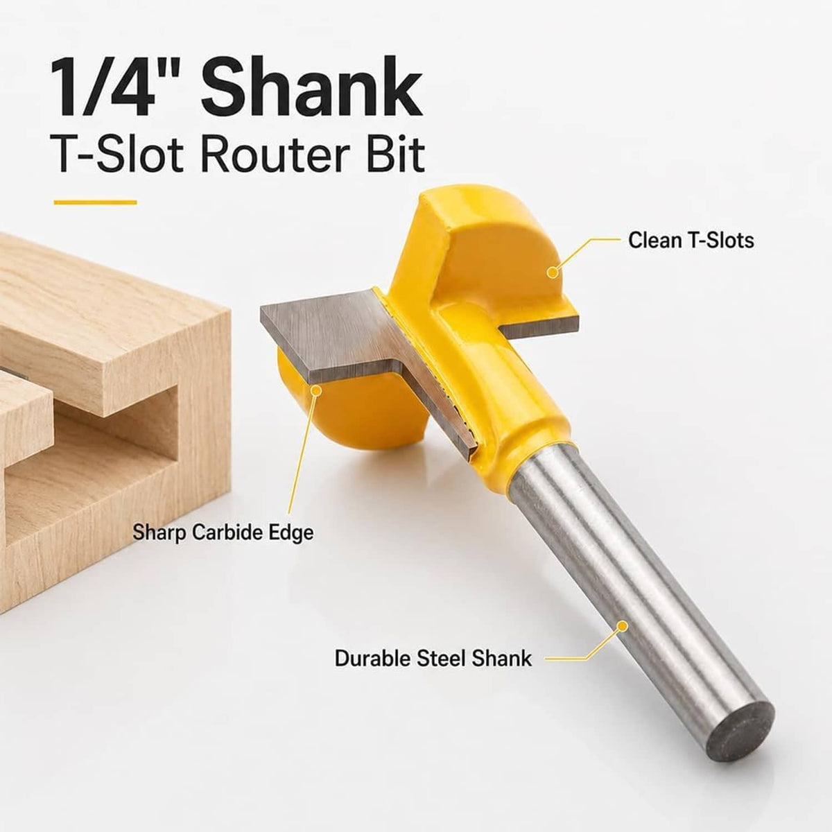 T-slot router bit with yellow body, sharp carbide edge, and clean cutting slot