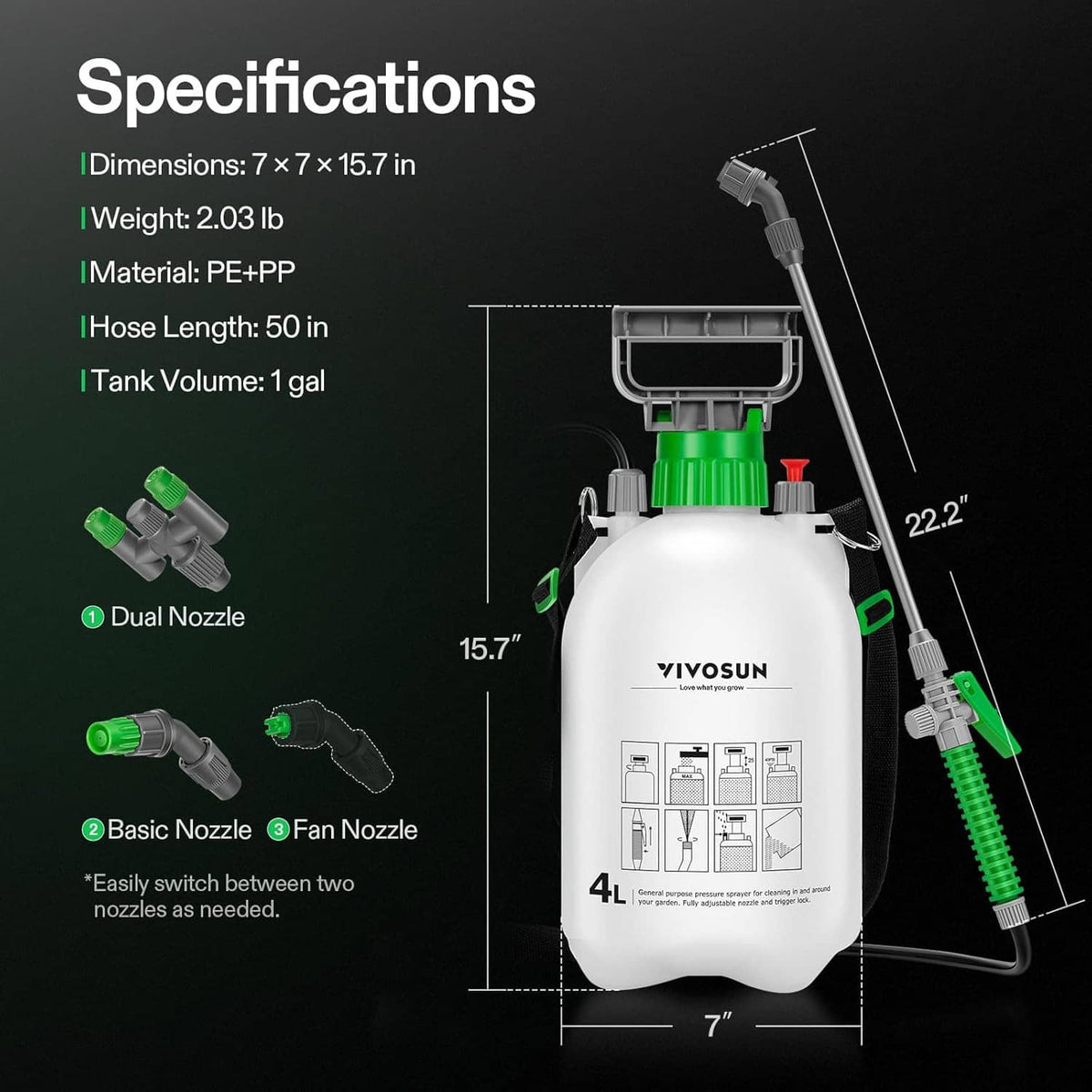 4L pump sprayer with dual-nozzle attachments and clear tank profile