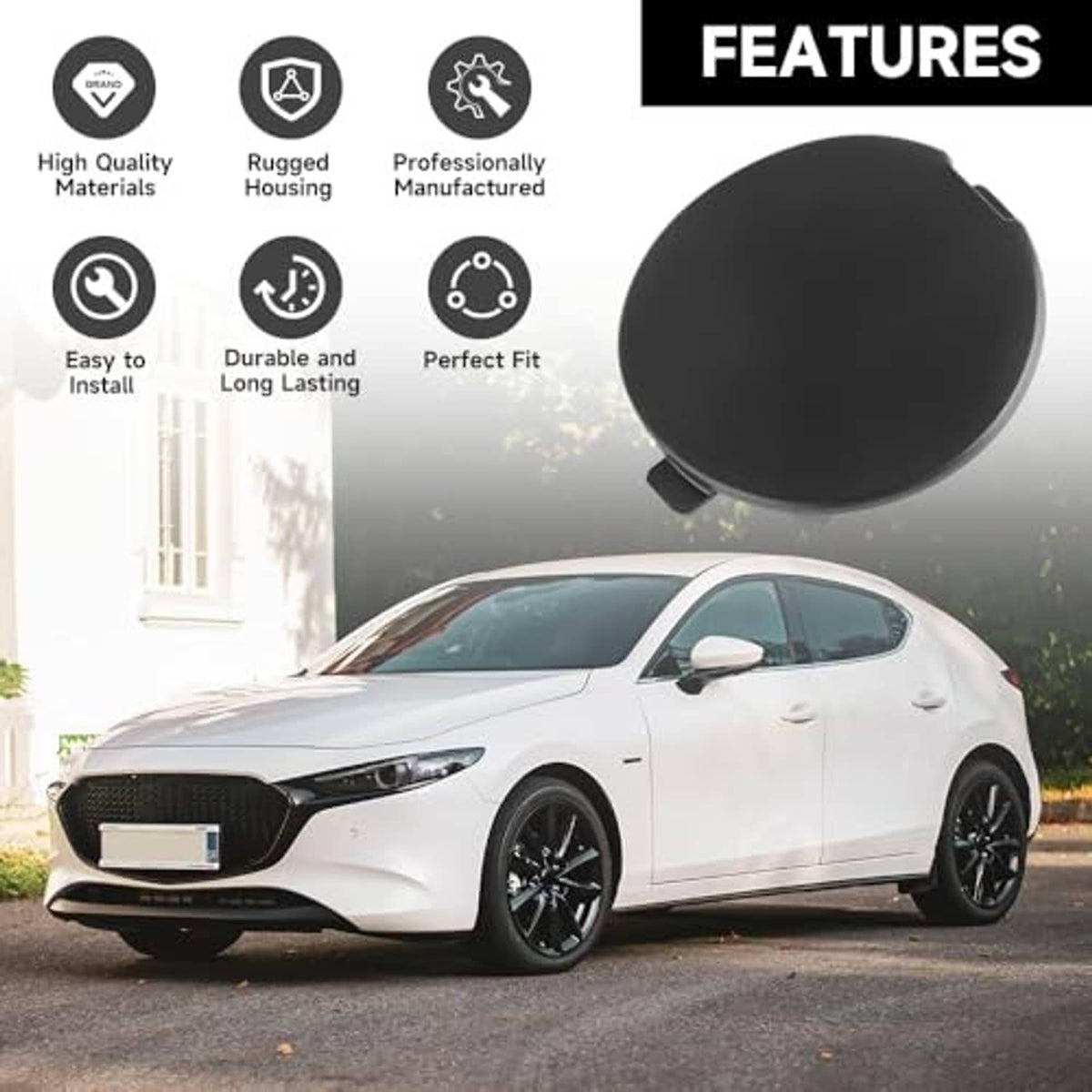Black tow hook hole cover cap with rugged molded outer surface