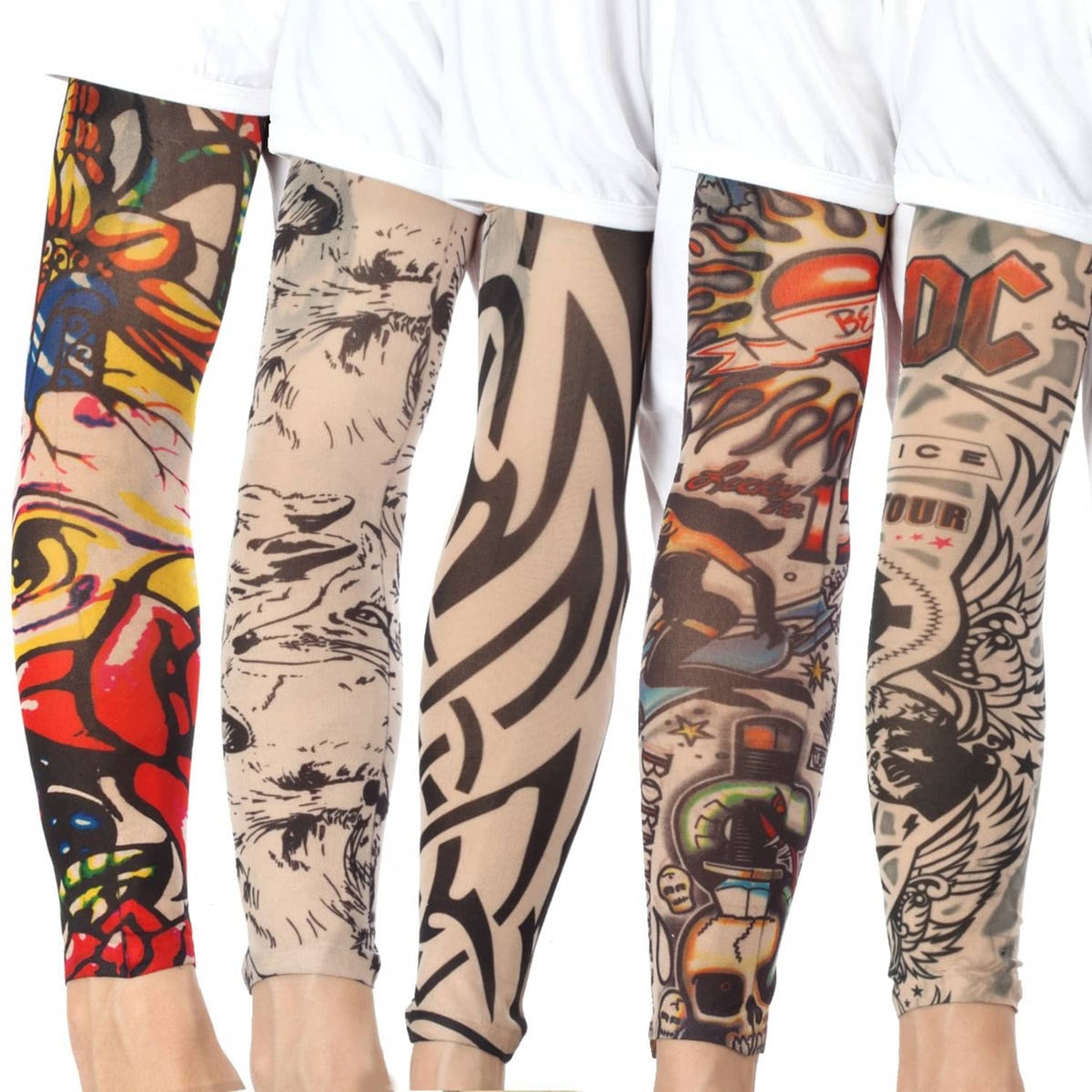 Tattoo arm sleeves on model arms with black-and-gray ink and colorful comic prints