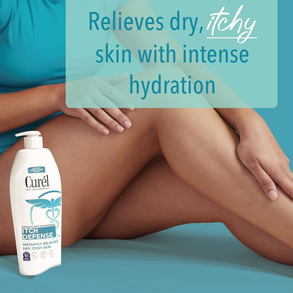 Body lotion being applied to arm and leg; Itch Defense bottle in foreground