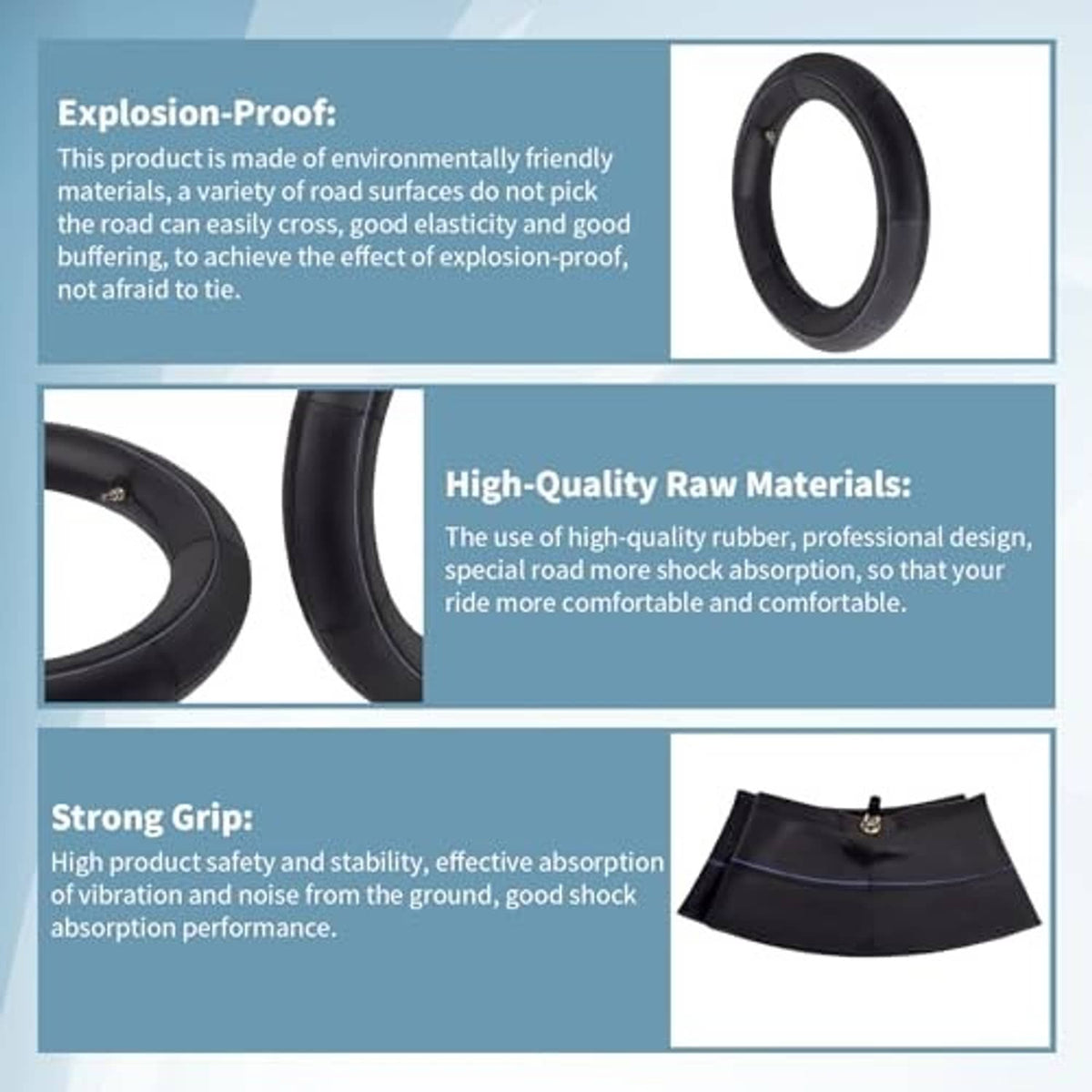 Black inner tube with valve stem shown in product feature panel