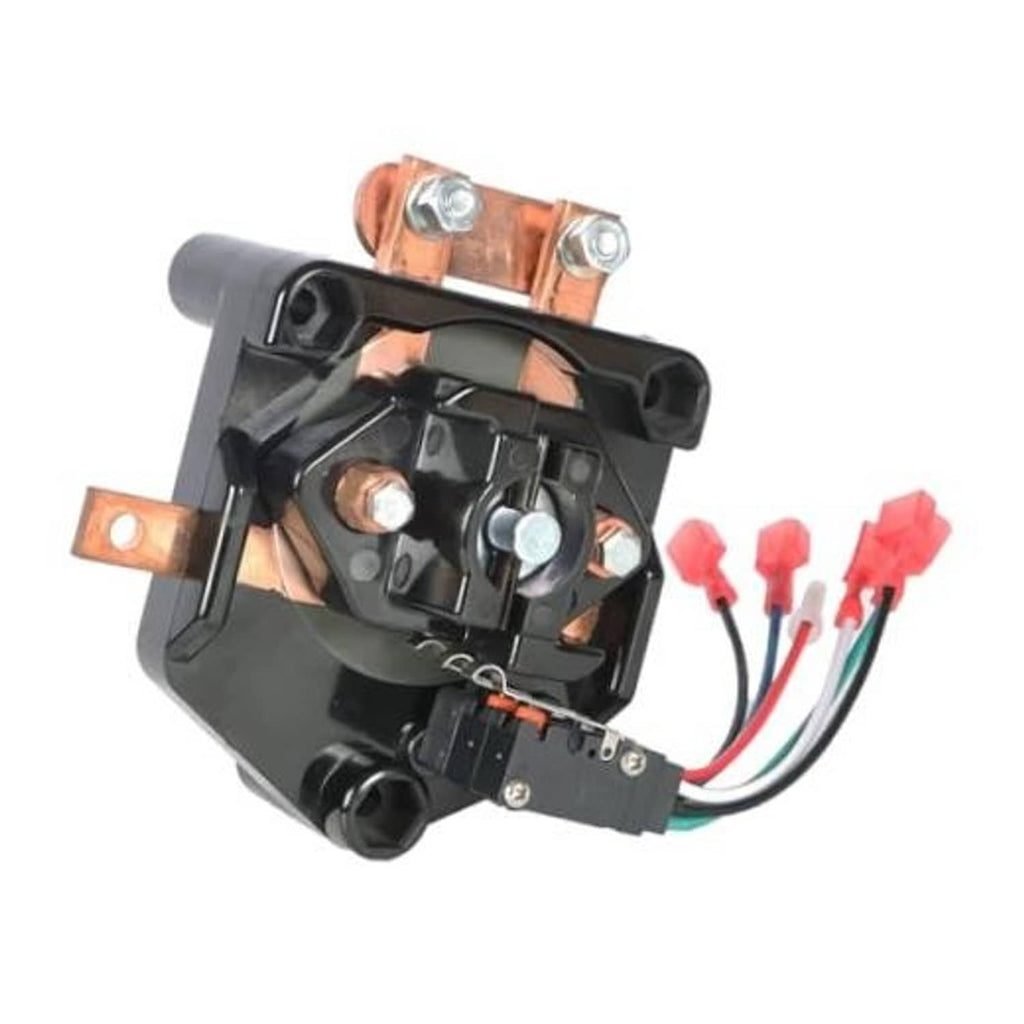 Forward/reverse golf cart switch, black base with copper mounting straps and multicolor wire harness