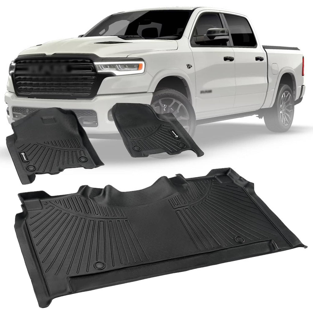 Black TPE floor mats set with ridged pattern and molded channels, 3-piece style