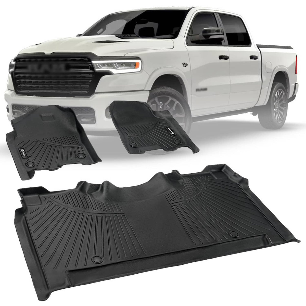 Black TPE floor mats set with ridged pattern and molded channels, 3-piece style