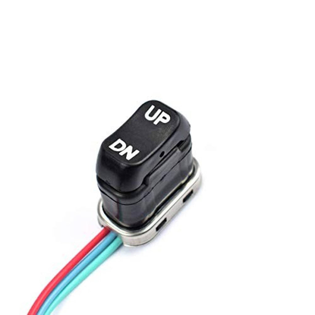 Black tilt trim switch with UP/DN labels and metal base, with red/blue wire connections